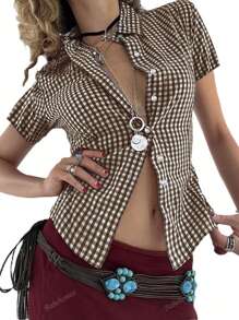 BabeHome Autumn Women's Y2K Back To School Slim Lapel Short-Sleeved Button Design Khaki Academy Shirt Top
