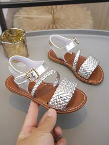 Summer Kids Flat Sandals, Woven Strap Decor. Suitable For Beach Holiday, Travel, Shopping, Casual Home Wear