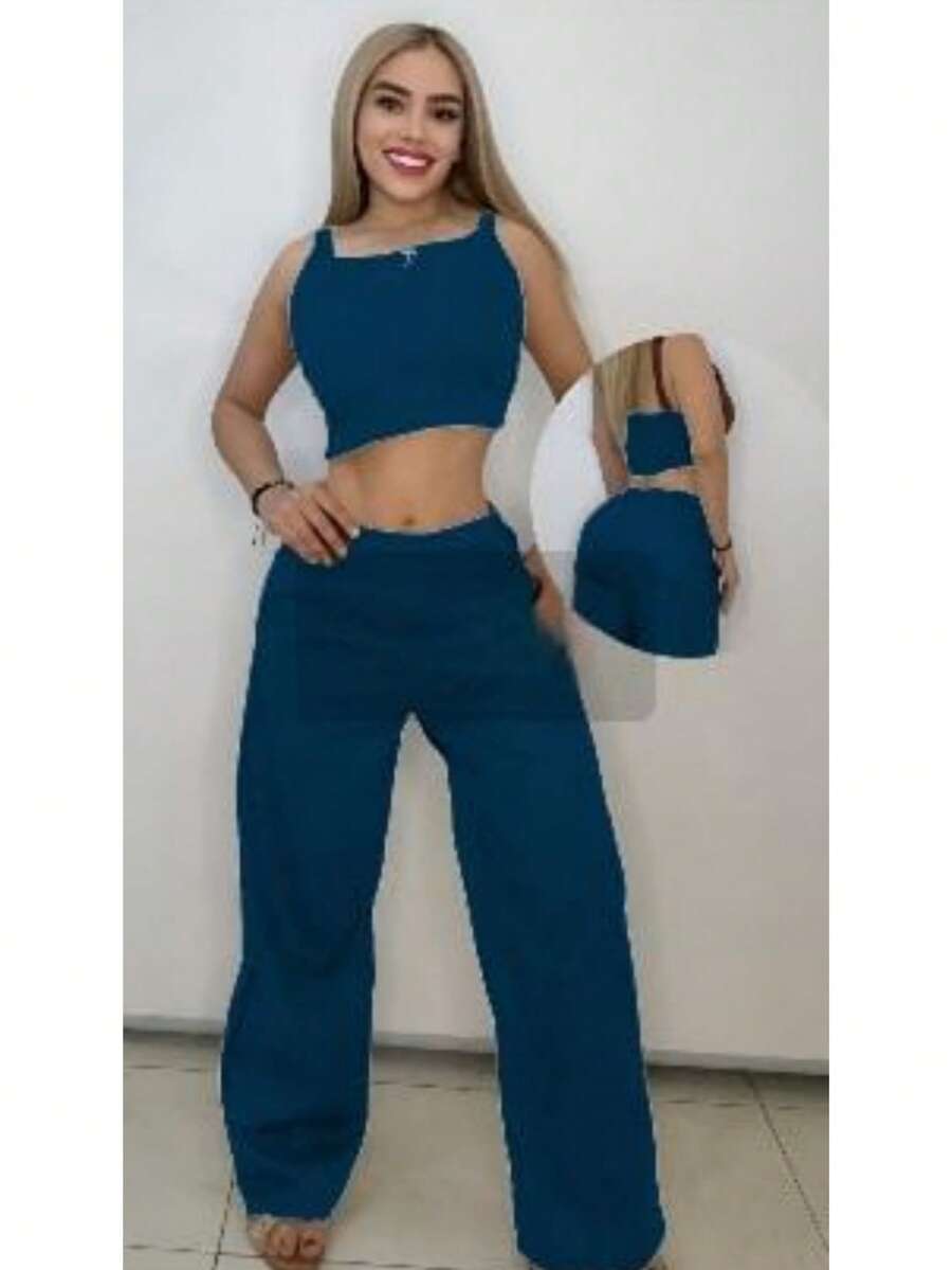 Two-Piece Linen Set Plain Elegant Knot Pocket - Biru - View 1