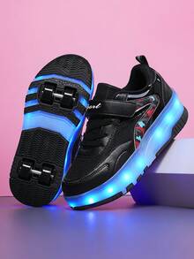 BLSART New Kids' 4-Wheel Retractable LED Light-Up Roller Shoes, Rechargeable Hidden Wheels, Colorblock Leather Hook-And-Loop Strap, Daily Commute Flashing Skating Sports Shoes For Boys And Girls - Black - View 3