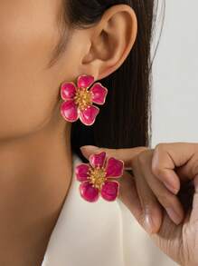 1 Pair Handpainted Enamel Gold Flower Metal Earrings, Suitable As Daily, Birthday, Mother's Day, Girlfriend Or Daughter Gift