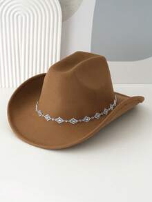 1pc Unisex Unique Elegant Cowgirl Hat With Turquoise Belt, Cowboy Hat, Diamond Hat In Boho Style Vintage Hat, Fashionable Red/Pink/Tomato Red Spinster Hat, Novelty Wide Brim Hat, Great Gift - Rhombus Diamond Chain 026 - View 18