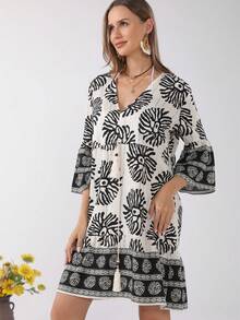 Vestido Cover Up Con Estampado De Manga Acampanadas Con Cordón - Negro - Ver 6