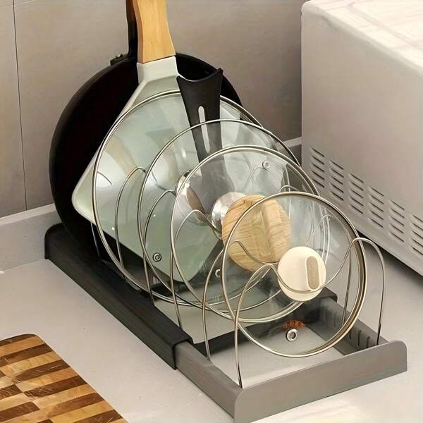 1 Retractable PP+Stainless Steel Pot Lid Holder, Free Up Kitchen Space, Equipped With 7/10 Dividers, Multifunctional Kitchen Storage Tool, Convenient For Storing Pots And Tableware, Suitable For Pot Lids And Plates, Waterproof Stainless Steel Drain Rack, Kitchen Countertops, Cabinets And Shelves, Kitchen Accessories, Restaurant Use
