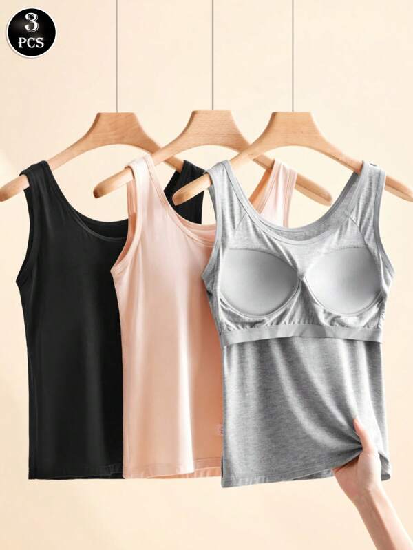 3 Piece Set Women Yoga Outerwear Camisole With Shelf Bra, Modol Fabric Round Neck Anti-Flashing Sports Casual Tank Tops