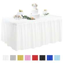 Juego de mantel y falda de mesa, falda de mesa desechable de 29 in x 14 ft y mantel de plástico de 54 x 108 in para mesas rectangulares, bodas, fiestas de bufé, fiestas de cumpleaños, decoraciones de baby shower, Navidad, San Valentín, Pascua (Blanco, Negro, Rosa, Azul)