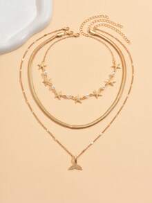 3pcs/Set Stylish Ocean Theme Faux Pearl Starfish & Golden Metal Fish Tail Pendant Necklace, Fashion Beach Holiday Vacation Jewelry, Versatile Alloy Choker For Daily Wear, Date, Beach Trip - Starfish - View 3