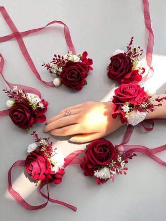 1 件/6 件涤纶玫瑰腕花，适合新娘、伴娘、婚礼派对、宴会的休闲婚礼配饰