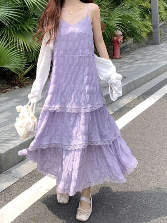 White Spaghetti Strap Dress For Women, V-Neck Lace Trim Layered Flowy Beach Vacation Dress, Random Pattern