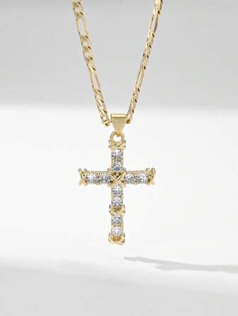  1pc New 2025 Classic Noble Quality, Hypoallergenic Zirconia Embedded 14K Gold Plated Raised Cross Pendant Necklace, Suitable For Mother/Valentine's Day Friends/Godparent Gifts, Catholic First, Daily Or Holiday Wear, Prayer