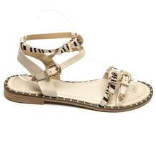 Western Style Flat Sandals With Crescent-Shaped Straps And Decorative Buckles - Beige - View 2