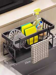 1pc Multi-Functional Carbon Steel Kitchen Storage Rack Kitchen Sink Faucet Sponge Drain Basket Kitchen Shelf Sink Rags Draining Rack Detergent Steel Wire Ball Storage Rack, No Hole Punching And No Installation, Can Hang Cleaning Cloth Can Store Cleaning Tools, Kitchen Accessories