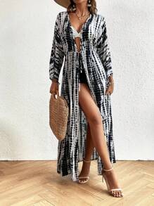 Women's Elegant Maxi Striped Printed Robe With Tie-Front Bow Waist Belt, Sexy Bikini Cover Up, Leisure Beach Dress, Tie-Dyed Vacation Robe