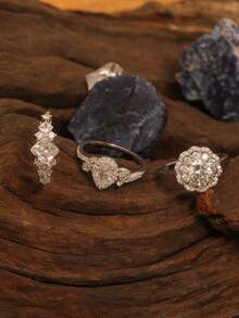 1pc Luxurious S925 Sterling Silver Water Drop Flower Zirconia Geometric Ring, Suitable For Women Wedding, Party, Date & Daily Wear - Silver - View 3