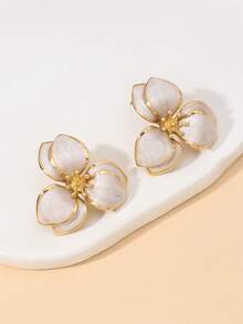 1 对简约白色滴油甜美风格铁耳钉，适合度假、休闲和约会 - 白色 - 查看 5