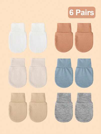6 Pairs Baby Solid Color Anti-Scratch Mittens, Soft & Cute Newborn Protective Gloves For Daily Use, Baby Celebration
