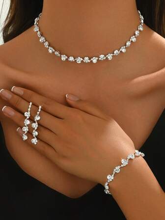 4-Piece Women Jewelry Set: Necklace, Earrings, Bracelet, Geometric Pattern, Elegant Bridal Accessories, Thanksgiving Gift