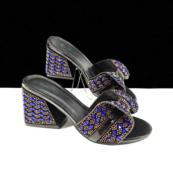 Sandálias de Salto Alto QueenYan para Mulheres, Design de Laço com Enfeite Total de Cristais, Decoração Geométrica de Strass, Adequada para Banquete, Festa e Uso Diário