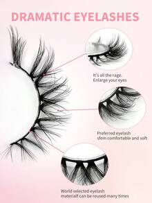 ENCHUW 5 对蓬松猫眼睫毛 3D 卷曲仿貂皮睫毛假睫毛看起来像延长的浓密柔软卷曲假睫毛 - 黑色 - 查看 3