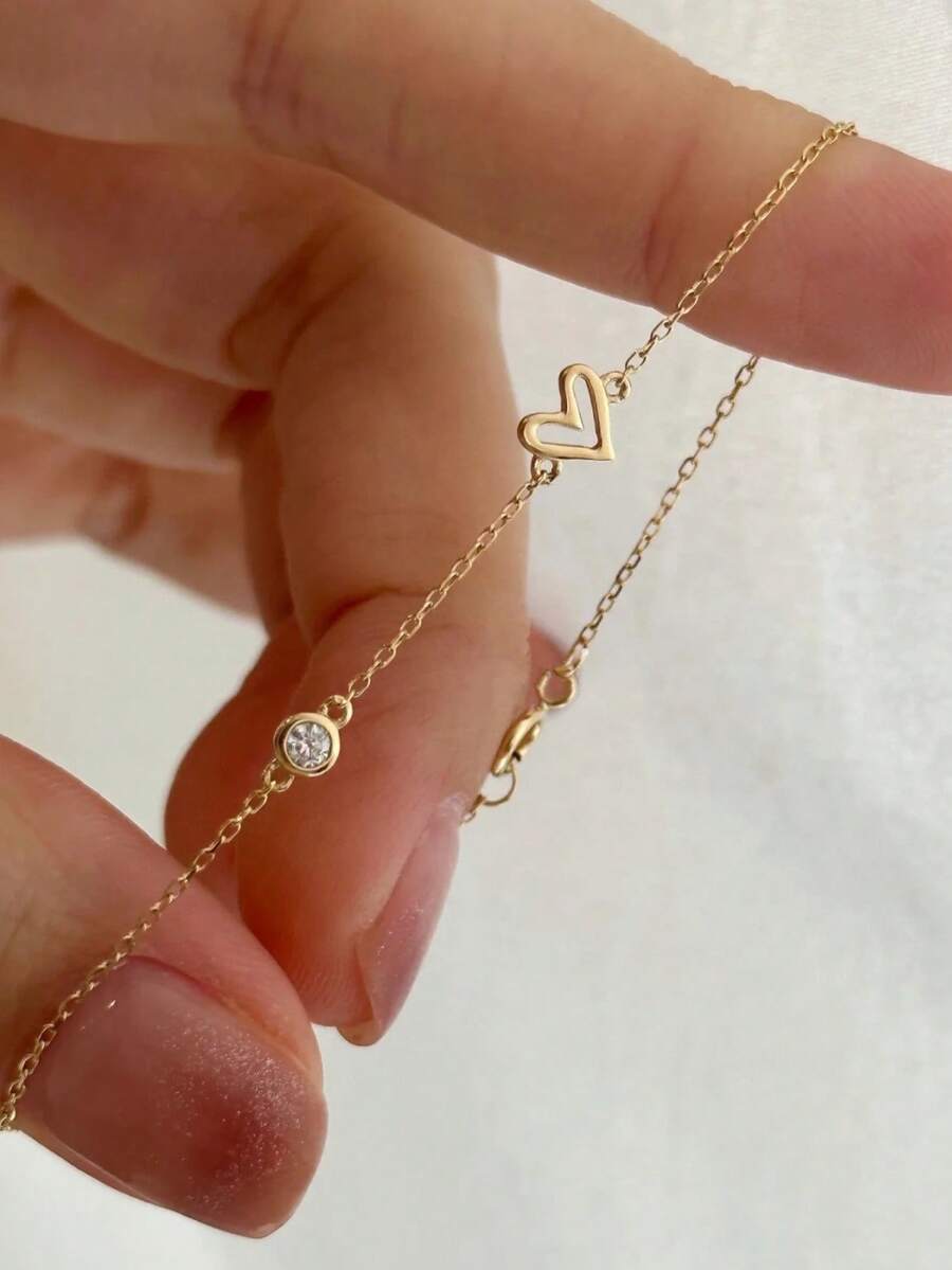 1pc 925 Silver Heart Shaped Original Vintage Minimalist Bracelet/Bangle, Fashion For Women - Yellow Gold - View 1