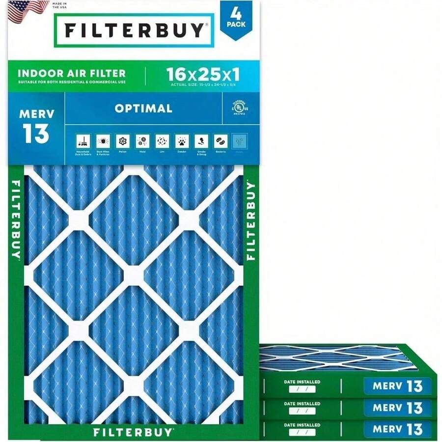 16x25x1 Air Filter MERV 13 Optimal Defense (4-Pack), Pleated HVAC AC Furnace Air Filters Replacement (Actual Size: 15.50 X 24.50 X 0.75 Inches) - 15.50 x 24.50 x 0.75 - View 1