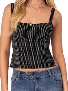 Women Tie Back Camisole Slim Dot Print Square Neck Backless Crop Cami Tops Summer Streetwear - 黑色 - 查看 2