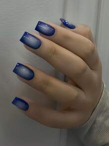 Add A Touch Of Romance With 24pcs Medium Square Fresh Prussian Blue French Style Press On Nails Full Coverage Fake Nail Tips For Women And Girls Includes 1sheet Adhesive Tabs & 1pc Mini File Women Jewelry Accessories False Nail Tips Jelly Glue Is Randomly Shipped