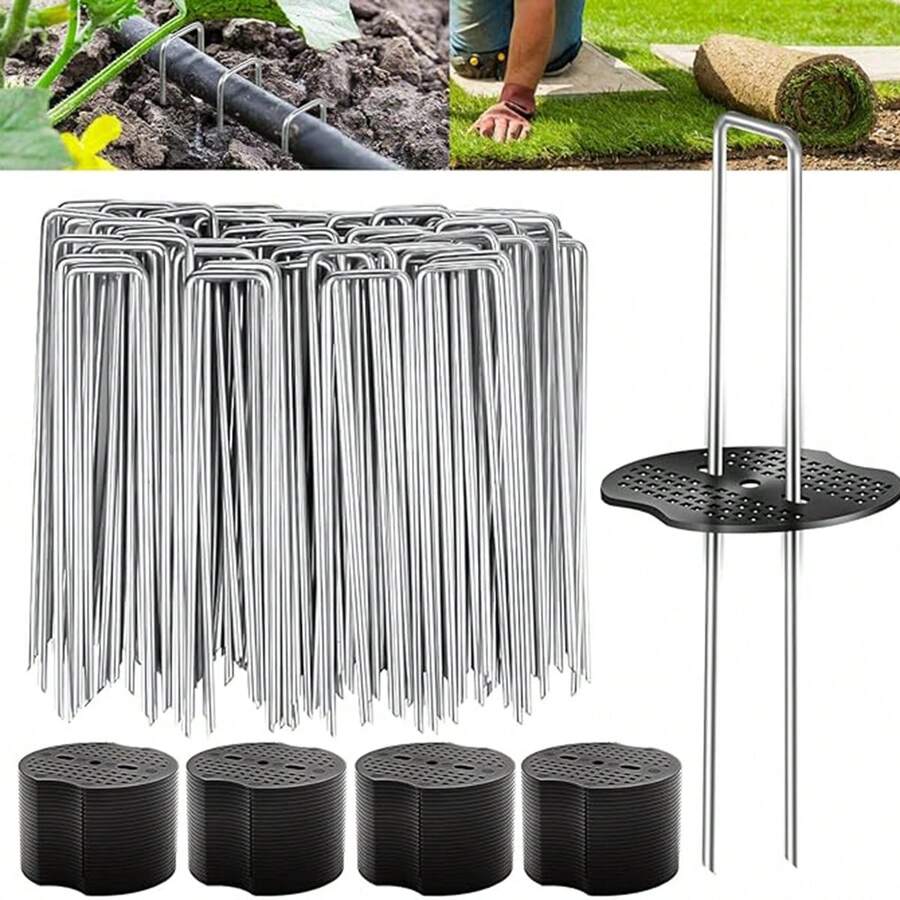 30pcs/Set 4 Inch U-Shaped Landscape Staples And Fixing Gasket Sets, Garden Landscape Staples Are Suitable For Outdoor Irrigation Hoses, Artificial Turf Nails, Fixed Fences And Tents, Etc - Multicolor - View 1