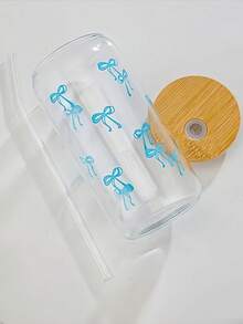 1个/套玻璃杯，带竹盖和吸管 - 500毫升/16.9盎司，可重复使用，适用于咖啡/珍珠奶茶，可爱蝴蝶结图案，冷饮套装 - 可放入洗碗机清洗 - 彩色 - 查看 8