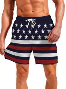 Quick-Drying Flag Print Men Shorts - Lightweight & Breathable Active Beach Wear With Drawstring - Perfect Hawaiian Style For Summer Resort Vacations,Hawaiian