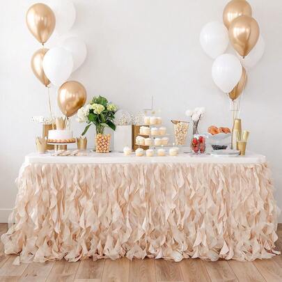 1pc Multicolored Tulle Table Skirt, Fit For Rectangle And Round Tables - Sheer Ruched Willow Tabletop Decoration, Chiffon Pleated Table Cloth, Suitable For Wedding Bride Gift, Party, Birthday Decor