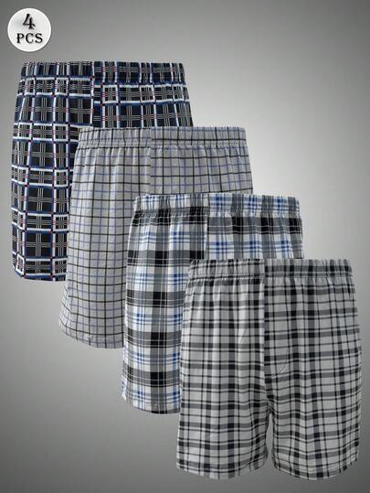 4pcs/Set Men's Plaid Print Loose Comfortable Breathable Elastic Waist Pajama Shorts, Boxer Brief Combinations
