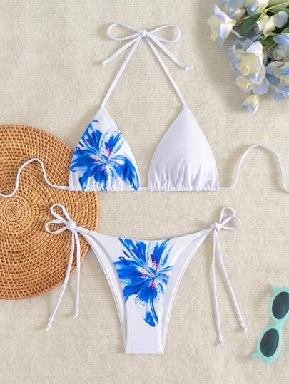 Damen Bikini-Set mit Blume Muster, Top mit Bindeknoten und Höschen mit Seitenbindung, Sommerbademode