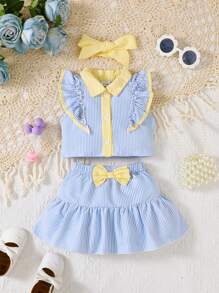 Set 2 buc. pentru bebeluși, fete, cămașă cu dungi, mânecă scurtă, casual, costum de fustă cu fundă și bentiță