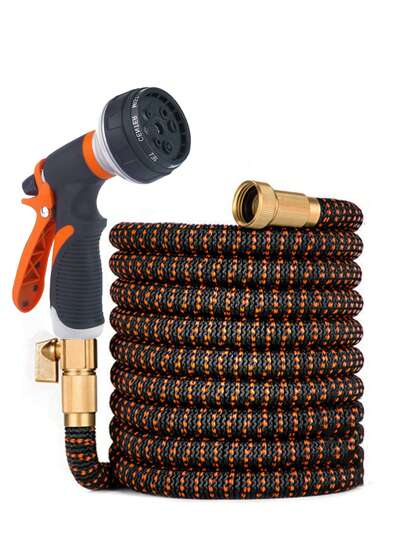 2pcs Flexible Garden Hose Set With 8-Pattern High Pressure Water Gun, Black & Orange Color Hose, Gardening Irrigation Supplies