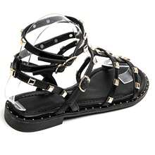 Square Studded Flat Sandals - Modern Gladiator Style - Black - View 5