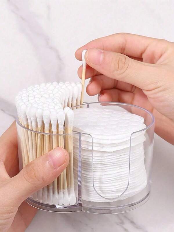 1 pièce Support rond à double compartiment pour tampons démaquillants et cotons-tiges - Organisateur de bureau de salle de bain, boîte de rangement