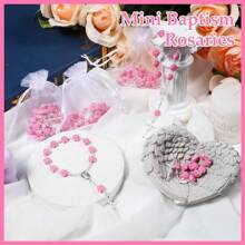 1/5/10 Sets Baptism Mini Baptism Favors Finger Baptism Rosaries Pink Rose Shaped Beads With Organza Bags For Christening Weddings First Party Favors