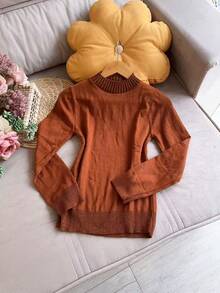 Basic Knitted Cold Weather Blouse Round Neck Sweater Women's Fashion - Rust Brown - View 1