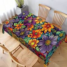 1 块矩形印花桌布，抽象彩色花卉图案，适合派对、野餐、烧烤、节日、户外活动