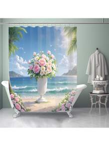 1pc/4pcs Marine Beach Flower Arch Print Multifunctional Bathroom Shower Curtain Set With 12 Hooks, Anti-Slip Bath Mat, U-Shape Toilet Mat, Round Toilet Lid Cover, Full Bathroom Set For All Scenarios Bathroom Accessories Back To School