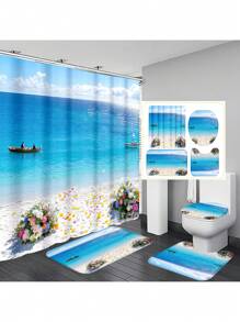 1pc/4pcs Marine Beach Flower Arch Print Multifunctional Bathroom Shower Curtain Set With 12 Hooks, Anti-Slip Bath Mat, U-Shape Toilet Mat, Round Toilet Lid Cover, Full Bathroom Set For All Scenarios Bathroom Accessories Back To School