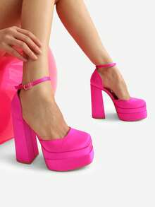 Zapatos de tacón alto y grueso con plataforma y punta cerrada para mujer, con tiras al tobillo y punta cuadrada, para boda, fiesta y graduación - Rosa Fucsia - Ver 11