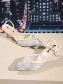 Neo-Chinese Style White High Heel Mules, Pointed Toe, Lace Embroidery, Convertible Sandals For Women, Elegant, Women Pumps, Elegant, Kitten Heels,Summer Outfits - Blue - View 4
