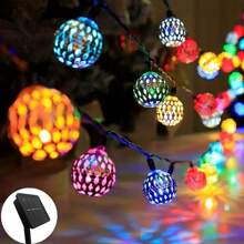 Solar Morrocan Ball String Lights Outdoor, 16.4ft 20 LED Metal Globe Fairy Lights For Christmas, Space-Themed Waterproof Decorative Lighting With 600mAh Nickel Battery, Push Button Control
