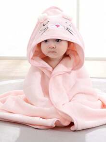 Unisex Baby Bath Towel , Animal Face Hooded Baby Cape Towel, Unique Animal Design, Super Soft Newborn Bathrobe, All Seasons, Children's Soft Coral Cartoon Bathroom Supplies, Bath Wrap Blanket - Pink - View 3