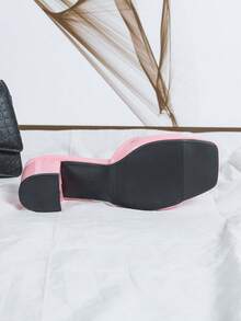 2025 Elegant Pink High Heels, Summer Fashion Women's Elegant Pink High Heel Sandals, Easy Slip-On Thick Heel Square Toe Mules, Glossy Women Shoes - Pink - View 7