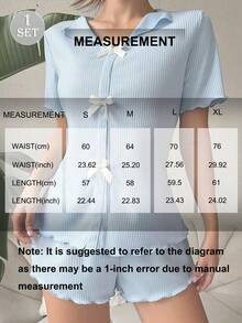 1 Set Women Stylish Sweet Bow Ruffle Edge Design Sleepwear Set, Solid Color Lapel Short Sleeve Shorts 2pcs - Blue - View 8