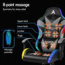 ALFORDSON Gaming Massage Chair, Massage Racing Chair With LED, Ergonomic Desk Chair With 150° Tilt, Retractable Footrest, PU Leather, Height Adjustable, 180 Kg Load Capacity - Grey - View 3
