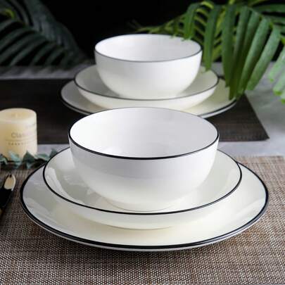 6/10pcs Black Edge Straight Rim Bowl Set, Minimalist Design Dinnerware, Rice Bowl, Fruit Bowl, Soup Bowl, Household Kitchenware, Delicate Home Decor, Great For Valentine's Day, Salad, Noodle,School Supplies